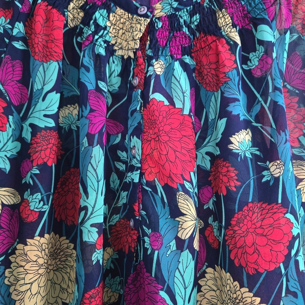 Banana Republic Smocked Floral Butterfly Womens Large Button Blouse Top - Picture 5 of 9